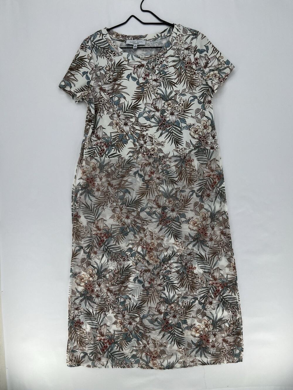 Sweet Rain Floral Duster Womens Medium Tropical Print Long Tunic Side Slit Boho